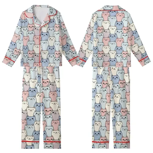 Cat Enthusiasts' Hand-Drawn Pastel Cartoon Cats Seamless Pattern with Bold Black Outlines Kid Satin Pajamas Set