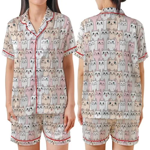Cat Lovers' Whimsical Cartoon Cats All-Over Pastel Pink Grey Peach Pattern Satin Short-Sleeve Pajamas Set