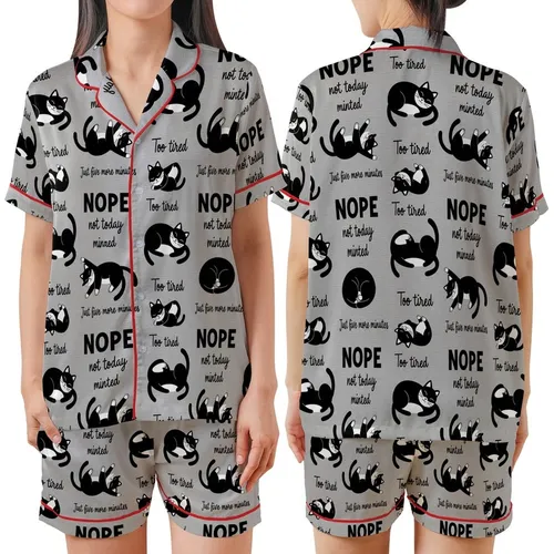 Cat Lovers' Heather Gray Black White Cartoon Tuxedo Cat Sleepy Pose Flat Graphic Seamless Pattern with Humorous 'NOPE Not Today' Text Satin Short-Sleeve Pajamas Set