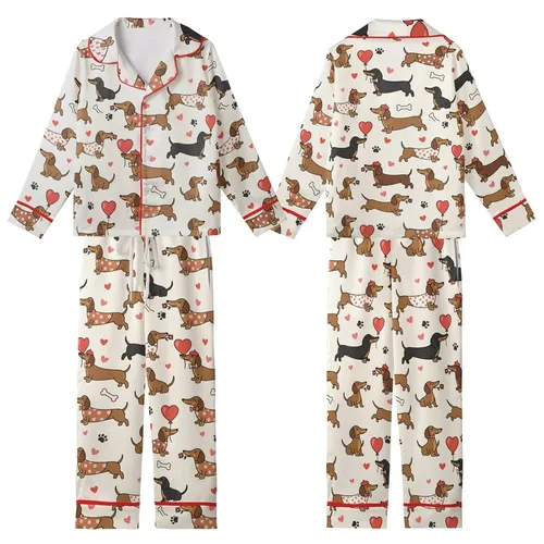 Dachshund Lovers' Whimsical Cartoon Brown Black Dachshunds, Red Pink Hearts & Playful Poses Cream Pattern Kid Satin Pajamas Set