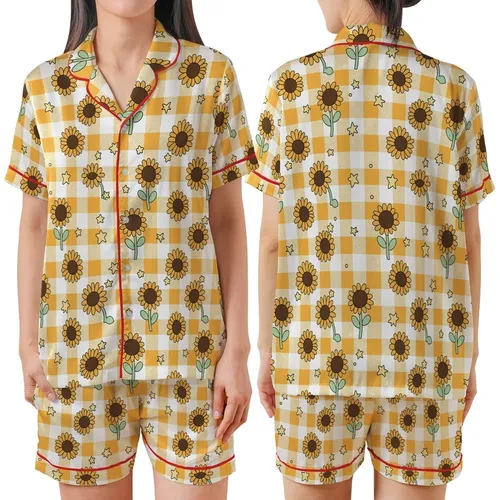 Nature Lovers' Whimsical Orange Yellow Gingham Sunflowers Pastel Green Stems Tiny Yellow Stars Satin Short-Sleeve Pajamas Set