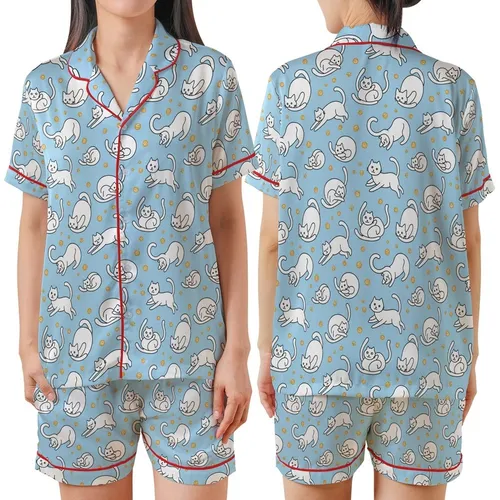 Cat Lovers' Whimsical Black Cartoon Cats Golden Yarn Paw Prints Light Sky Blue Pattern Satin Short-Sleeve Pajamas Set
