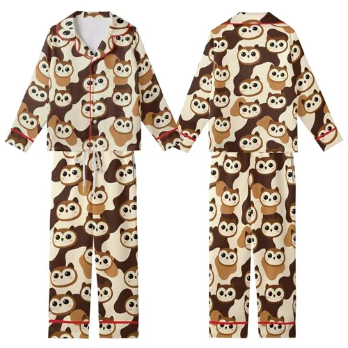 Whimsical Style Fans' Adorable Cream Brown Owl Face Seamless Pattern Plush Flat Cartoon Style Kid Satin Pajamas Set