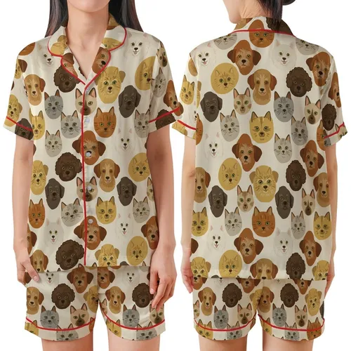 Pet Parents' Vintage Illustrative Dog Cat Faces Seamless Pattern Earthy Beige Ochre Satin Short-Sleeve Pajamas Set