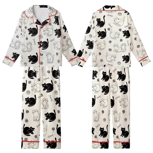 Cat Lovers' Whimsical Black Cat Silhouette & Outline Seamless Pattern with Yarn Balls on Creamy Off-White Kid Satin Pajamas Set