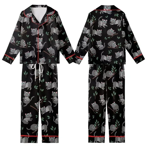 Cat Lovers' Illustrative Playful Kittens Charcoal Stripes White Fur Sky Blue Eyes Flat Black Pattern Kid Satin Pajamas Set