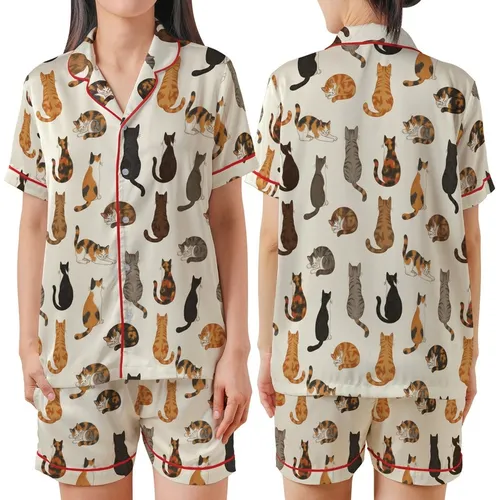 Cat Lovers' Creamy White Seamless Pattern with Diverse Illustrative Brown Gray Ginger Calico Tortoiseshell Cats Satin Short-Sleeve Pajamas Set