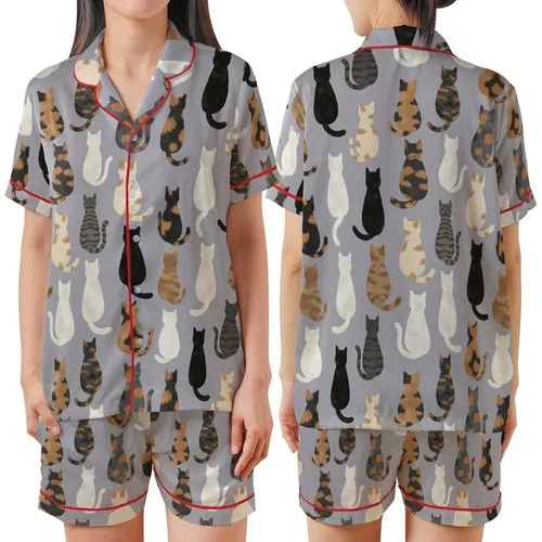 Cat Lovers' Artistic Feline Friends From Behind Repeat Pattern Muted Lavender-Grey Multi-Tone Furs Satin Short-Sleeve Pajamas Set