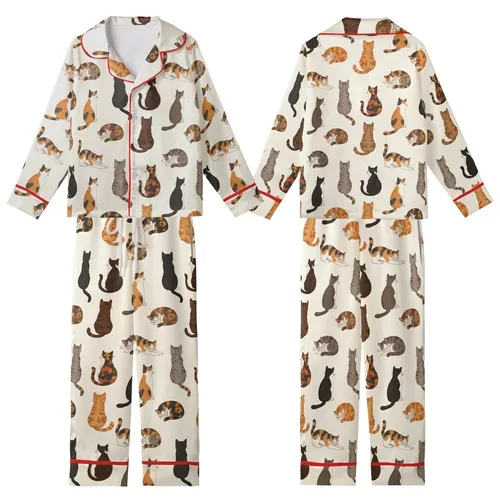 Cat Lovers' Creamy White Seamless Pattern with Diverse Illustrative Brown Gray Ginger Calico Tortoiseshell Cats Kid Satin Pajamas Set