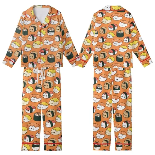 Cat Lovers' Whimsical Grumpy Fluffy Cat Sushi Nigiri & Maki All-Over Pattern on Vivid Tangerine Orange Kid Satin Pajamas Set