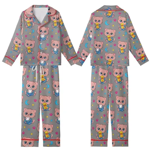 Kitten Lovers' Cute Cartoon Brownish-Pink Fluffy Kittens in Royal Blue Star Pajamas, Grey Pattern Kid Satin Pajamas Set