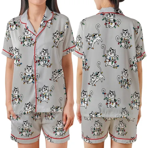 Cat Lovers' Whimsical Black White Cats Entangled Bright Christmas Lights All-Over Pattern Satin Short-Sleeve Pajamas Set