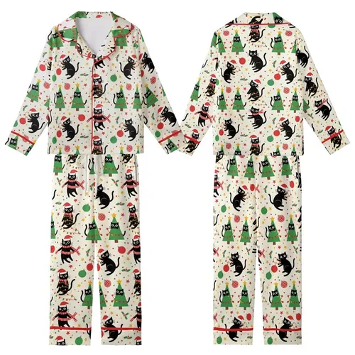 Cat Lovers' Whimsical Christmas Black Cats Pattern, Light Cream Festive Illustration, Red Green Yellow Kid Satin Pajamas Set