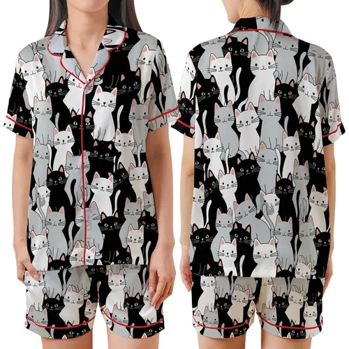 Cat Lovers' Whimsical Black White Grey Cartoon Cat All-Over Print Pink Ears Blue Eyes Pattern Satin Short-Sleeve Pajamas Set