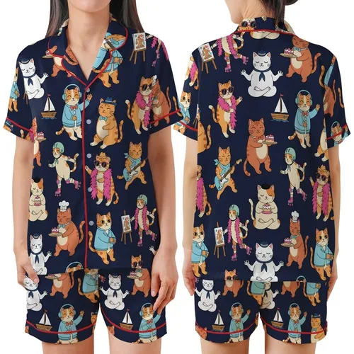 Cat Lovers' Whimsical Cartoon Cat Ensemble Playing Music Baking Sailing DJing on Deep Navy Satin Short-Sleeve Pajamas Set