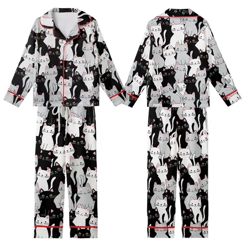 Cat Lovers' Whimsical Black White Grey Cartoon Cat All-Over Print Pink Ears Blue Eyes Pattern Kid Satin Pajamas Set