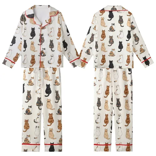 Cat Lovers' Seamless Illustrative Cats Pattern Warm Brown Tan Grey Black White Calico Tortoiseshell Bow Ties Cream Kid Satin Pajamas Set