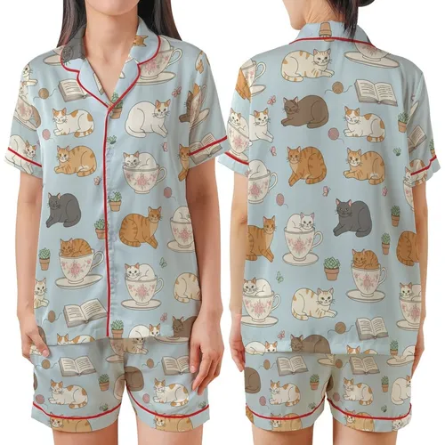 Cat Lovers' Whimsical Pastel Blue Feline Teacup & Succulent Repeat Pattern Satin Short-Sleeve Pajamas Set