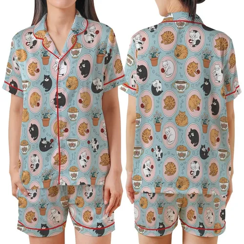 Cat Lovers' Whimsical Illustrative Cat Pattern, Powder Blue, Ginger Tabby Mixed Cats, Pastel Pink Teal Accents Satin Short-Sleeve Pajamas Set