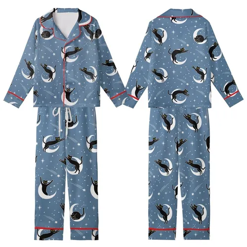 Cat Lovers' Whimsical Muted Blue Black Cat Playful Starry Moon Seamless Pattern Kid Satin Pajamas Set