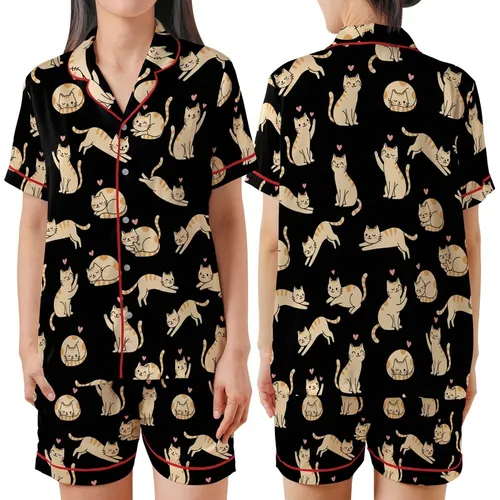 Cat Lovers' Whimsical Black Seamless Pattern with White & Orange-Tan Flat Cartoon Cats & Pink Accents Satin Short-Sleeve Pajamas Set