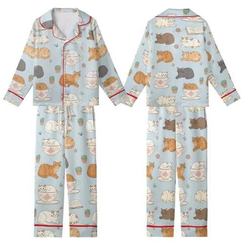 Cat Lovers' Whimsical Pastel Blue Feline Teacup & Succulent Repeat Pattern Kid Satin Pajamas Set