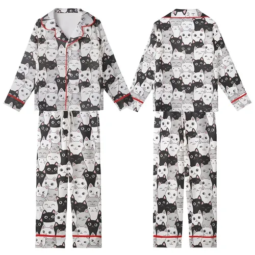 Cat Lovers' Whimsical Black White Gray Pink Cartoon Cat Faces Curious Smiling Sleepy Pattern Kid Satin Pajamas Set