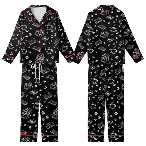 Cozy Lifestyle Lovers Rustic Black White Hand-Drawn Coffee Book Paw Print Pattern Kid Satin Pajamas Set