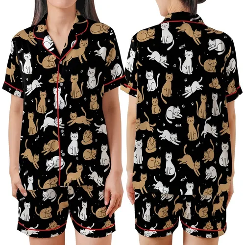 Cat Lovers' Cute Black Tan White Playful Cartoon Cats Paw Print Seamless Pattern Satin Short-Sleeve Pajamas Set
