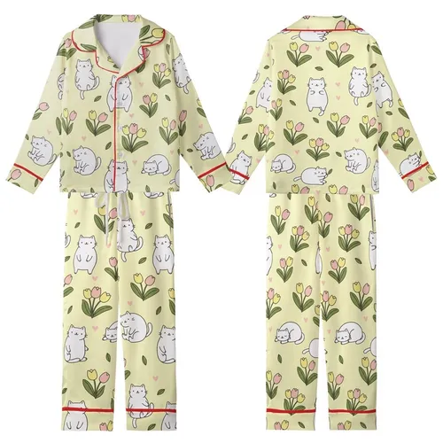Cat Lovers' Whimsical Hand-Drawn White Chubby Cartoon Cats Pastel Yellow Seamless Pattern with Pink Tulips & Hearts Kid Satin Pajamas Set