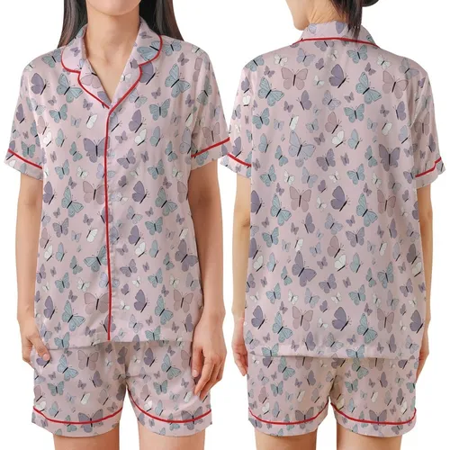 Women's Intricate Pastel Pink Illustrative Butterfly Scatter with Blue, Lavender, Grey, Mauve Accents Satin Short-Sleeve Pajamas Set