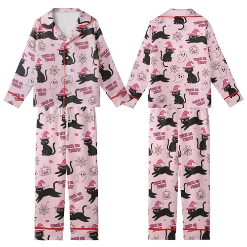 Halloween Cat Lovers' Whimsical Light Pink Black Cat Bright Pink Witch Hat All-Over Pattern with Jack-O'-Lanterns and Ghosts Kid Satin Pajamas Set