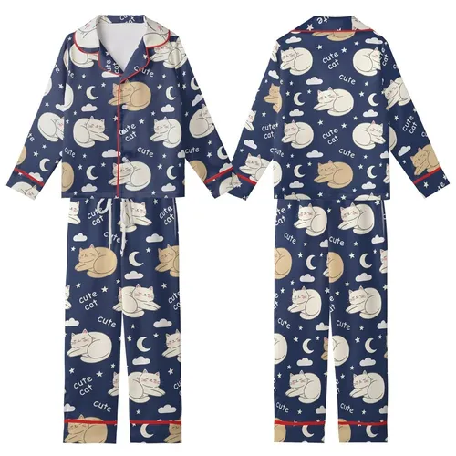 Cat Lovers' Whimsical Hand-Drawn Sleepy Cartoon Cats Navy Blue Off-White Tan Pink Pattern with Moons Stars Kid Satin Pajamas Set