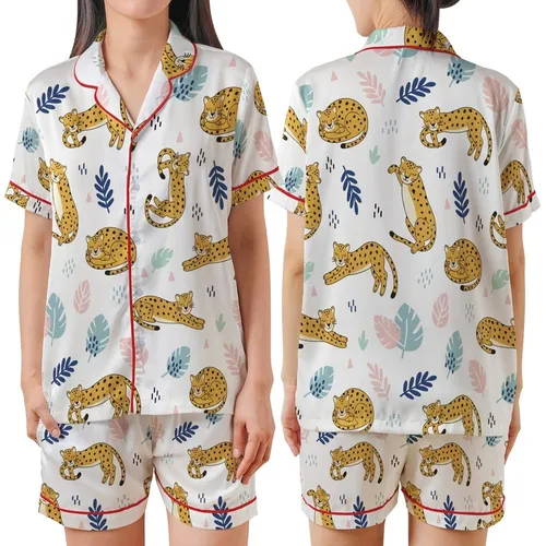 Animal Lovers' Playful Golden Yellow Leopard Pastel Pink & Deep Royal Blue Botanical Pattern Satin Short-Sleeve Pajamas Set