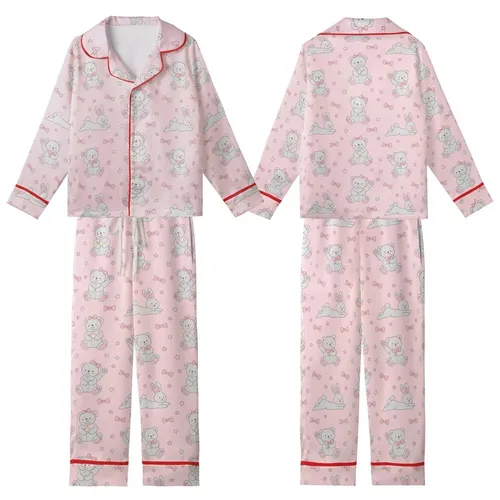 Whimsical Hearts' Charming Hand-Drawn Pastel Pink Scattered Teddy Bear Bunny Whimsical Bow Star Pattern Kid Satin Pajamas Set