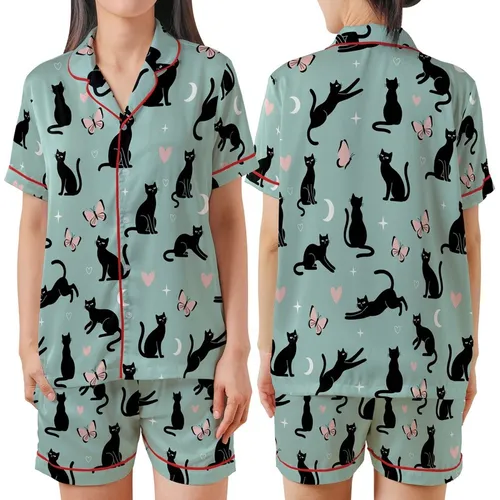 Cat Lovers' Whimsical Dreamy Light Teal Scattered Black Cat Pale Pink Butterfly Heart Star Pattern Satin Short-Sleeve Pajamas Set
