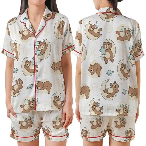 Whimsical Art Lovers' Warm Brown Sleepy Bear Celestial Moon Star Pastel Blue White Print Satin Short-Sleeve Pajamas Set