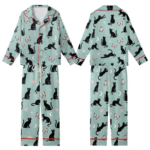 Cat Lovers' Whimsical Dreamy Light Teal Scattered Black Cat Pale Pink Butterfly Heart Star Pattern Kid Satin Pajamas Set