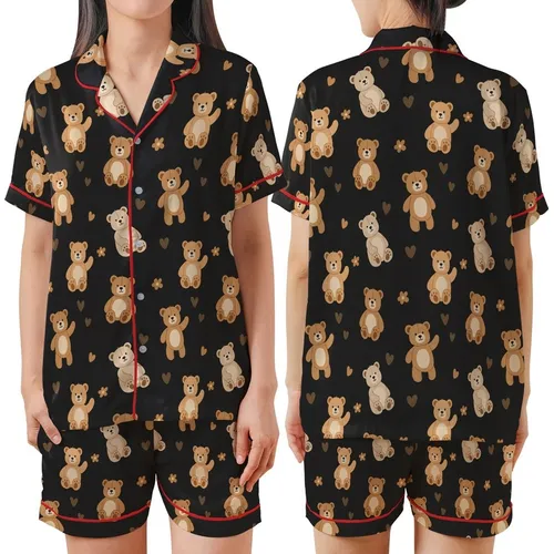 Sweet Style Enthusiasts' Charcoal Black Plush Caramel Bear Hearts Orange Flowers Seamless Pattern Satin Short-Sleeve Pajamas Set