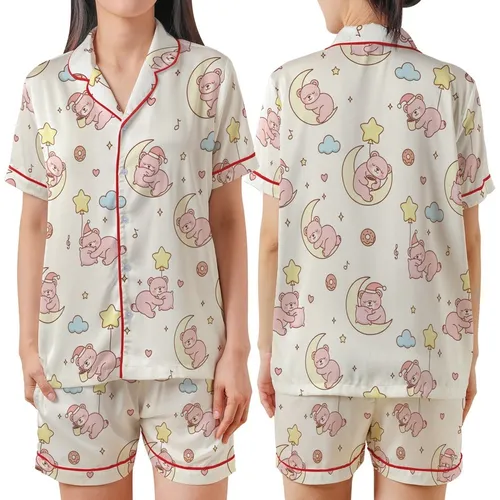 Kawaii Aesthetic Lovers Seamless Pastel Pink Bear Dreamland Pattern with Stars, Moons & Hot Cocoa on Creamy Off-White Satin Short-Sleeve Pajamas Set