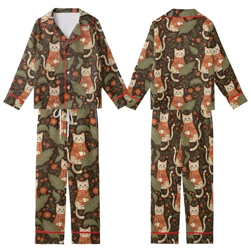 Vintage Style Cat Lovers' Seamless Vintage Botanical Tabby Cat & Autumn Floral Pattern in Muted Olive, Burnt Orange, Dark Brown Kid Satin Pajamas Set