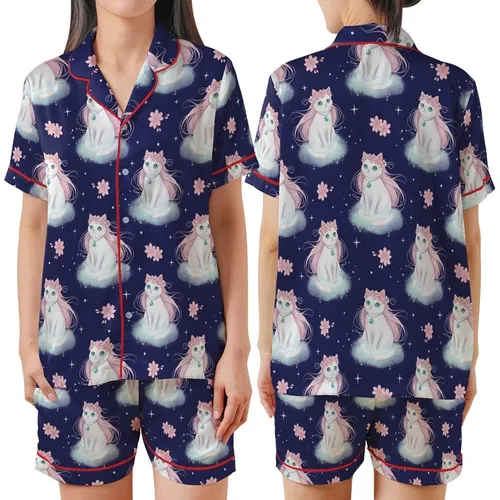 Cat Lovers' Dreamy Whimsical White Cats Teal Eyes Pink Flower Crowns Indigo Cherry Blossom Pattern Satin Short-Sleeve Pajamas Set