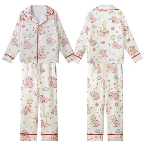 Kawaii Aesthetic Lovers Seamless Pastel Pink Bear Dreamland Pattern with Stars, Moons & Hot Cocoa on Creamy Off-White Kid Satin Pajamas Set