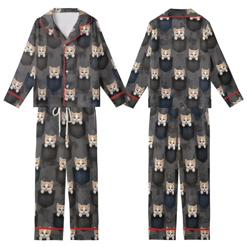 Kitten Lovers' Photorealistic White Ginger Kittens Blue Eyes Dark Denim Pockets Pattern Kid Satin Pajamas Set