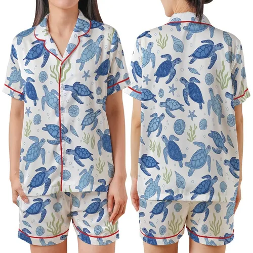 Ocean Lovers' Cerulean Blue Sea Turtle Hand-Drawn Marine Life Chartreuse Green Seamless Pattern Satin Short-Sleeve Pajamas Set