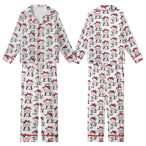 Women's Cute Simplified Cartoon Cow All-Over Pattern Pink Bows Lucky Black Text White Background Kid Satin Pajamas Set
