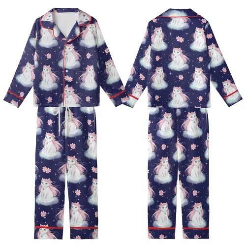 Cat Lovers' Dreamy Whimsical White Cats Teal Eyes Pink Flower Crowns Indigo Cherry Blossom Pattern Kid Satin Pajamas Set