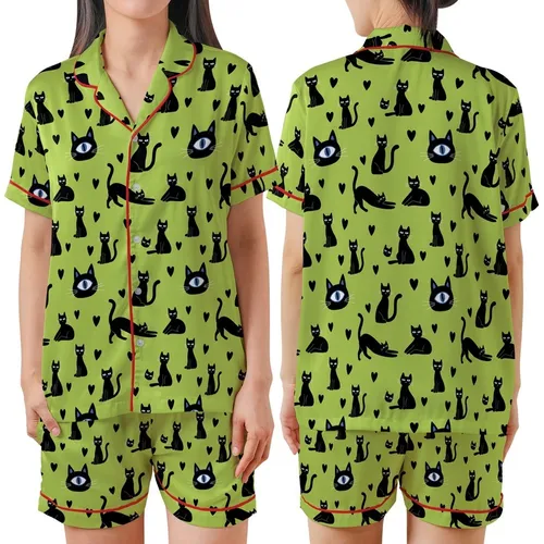 Cat Lovers' Vibrant Lime Green Black Cat Silhouette Heart Pattern with Blue Eye Detail Satin Short-Sleeve Pajamas Set