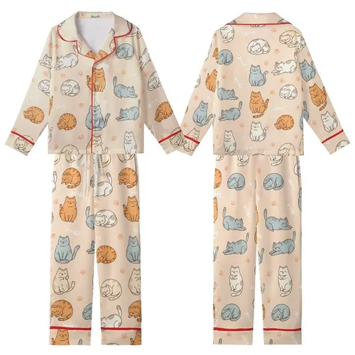 Cat Lovers' Whimsical Plump Cartoon Cats Seamless Pattern in Pastel Grey-Blue Ginger Cream, Pale Peach Background, Paw Prints & Fish Bones Kid Satin Pajamas Set