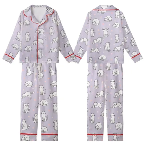 Cat Lovers' Whimsical Lavender Playful White Outline Cartoon Cat Pink Polka Dot Pattern Kid Satin Pajamas Set